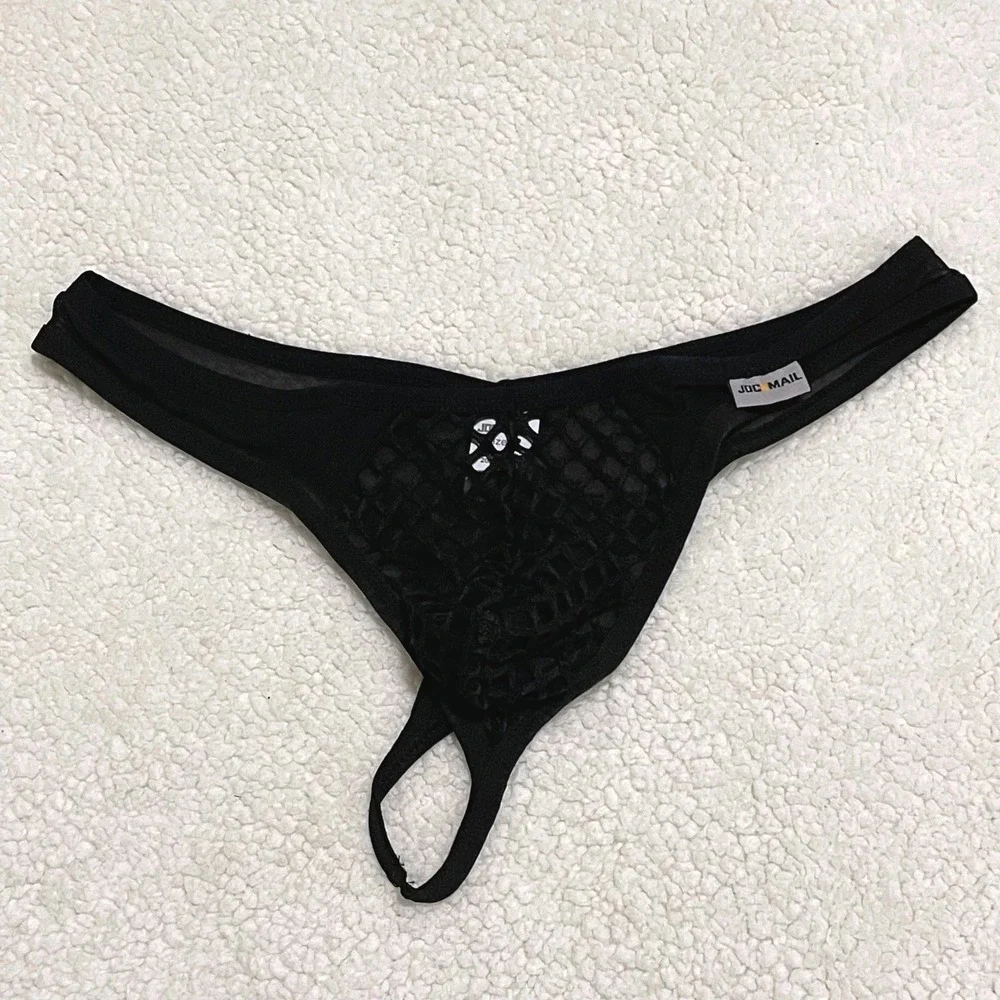 Jockmail Large (30-32) Fishnet Thong Black Sheer Mesh Low Rise Underwear JM220